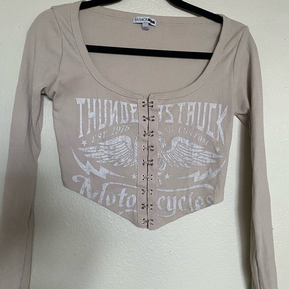 Fashion Nova Beige Graphic Long Sleeve Top